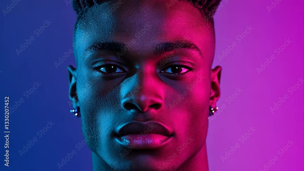 Striking portrait of a young man under vivid lighting showcasing confidence and style in a creative setting Striking portrait of a young man under vivid lighting showcasing confidence and style in a creative setting