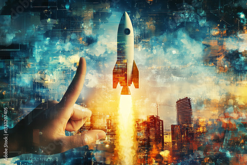 Rocket Launch Over Futuristic Cityscape. Futuristic digital art of a rocket launching over a cityscape, highlighting space travel and imagination. Ideal for innovation or exploration themes.