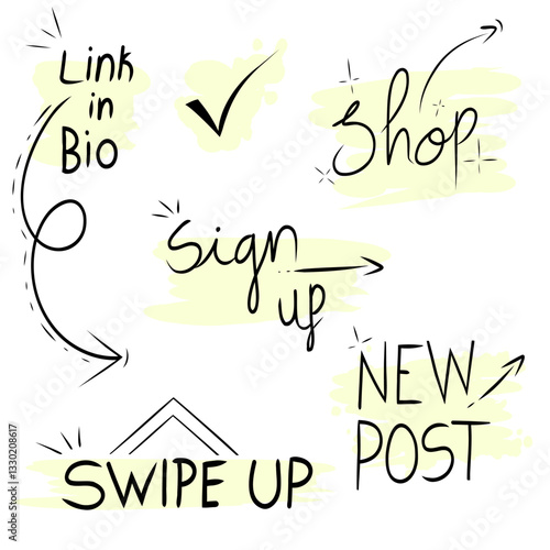 Set of vector buttons for social media. Swipe up, shop, sign up, new post, link in bio, insta story icon