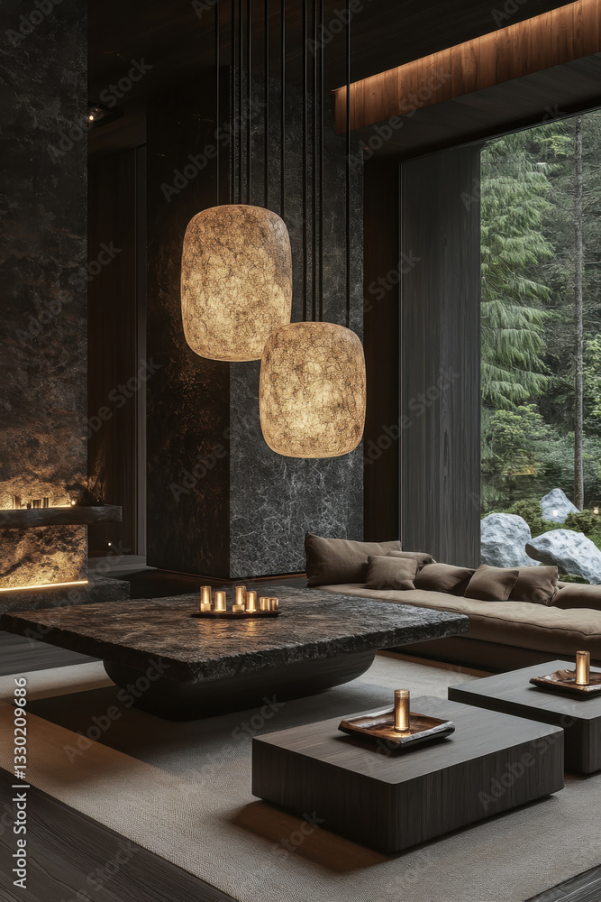 Modern rustic lounge with large hanging pendant lights and plush seating overlooking tranquil outdoor garden view