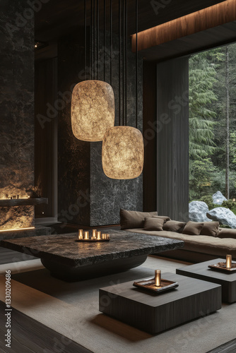 Obraz na płótnie Modern rustic lounge with large hanging pendant lights and plush seating overlooking tranquil outdoor garden view w salonie