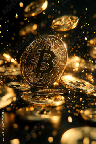 Obraz na płótnie Golden bitcoin coin stack with sparkling glow and dynamic light effects on dark background w salonie