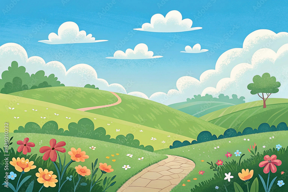 Fototapeta premium Peaceful countryside landscape with a pathway through colorful flowers and hills