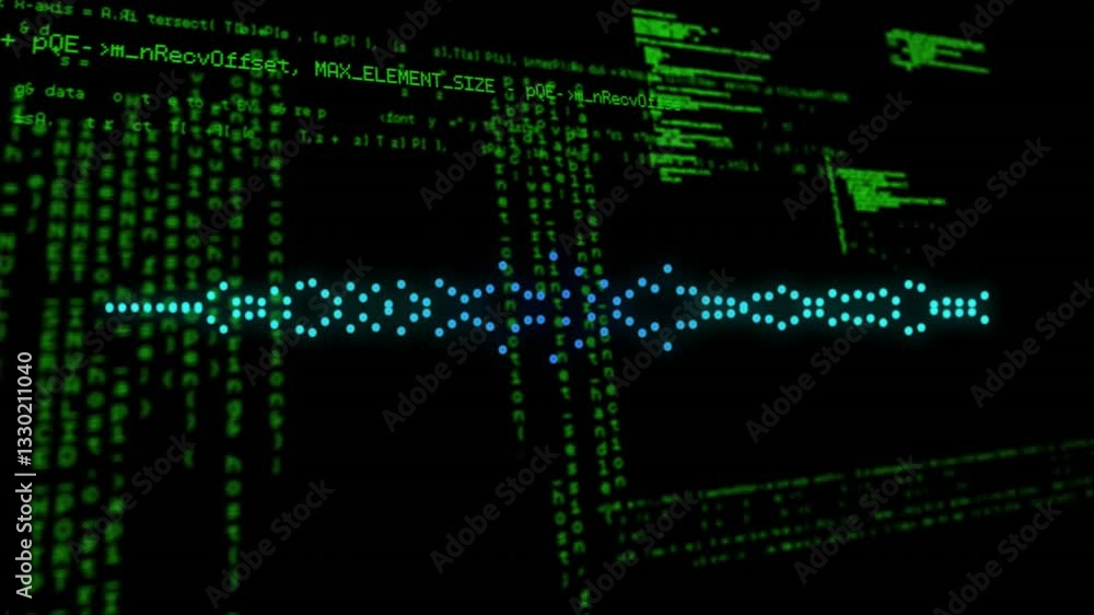Animation of digital waveform with green code lines representing data processing Animation of digital waveform with green code lines representing data processing