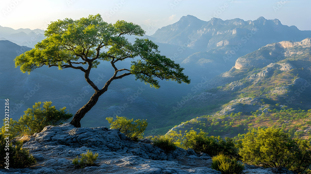 Majestic tree atop rocky mountain peak Majestic tree atop rocky mountain peak