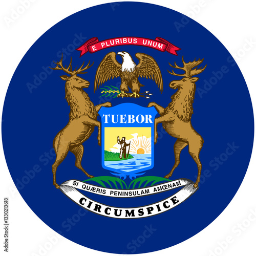 The Proud Michigan State Seal, A Majestic Emblem Of Elk, Eagle, And Shield, Showcasing The States Rich History And Vibrant Spirit In Bold Circular Design