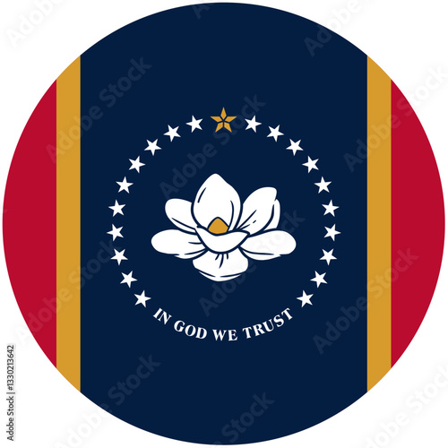 A Majestic Magnolia Blossom Encircled By Stars, Symbolizing Faith And Southern Pride, In A Classic Circular Design With Rich Navy, Gold, And Red Hues