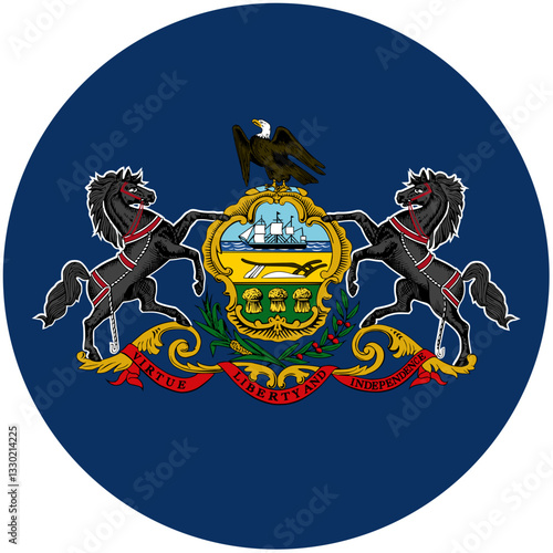 Pennsylvanias Proud State Seal, A Majestic Emblem Of History And Liberty, Features Two Supporting Horses, A Soaring Eagle, And A Vibrant Central Shield, All Rendered In Rich, Bold Colors Against A Dee