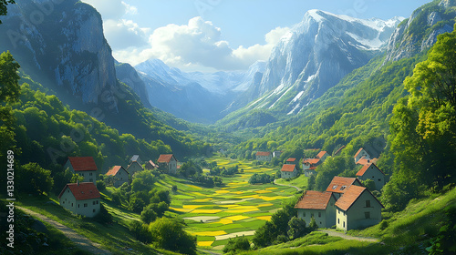 Wallpaper Mural Picturesque mountain valley village Torontodigital.ca