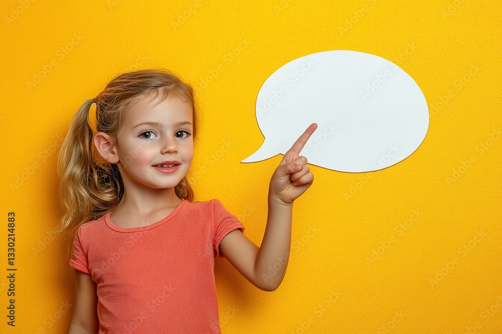 Child pointing at blank speech bubble against yellow wall in creative setting Child pointing at blank speech bubble against yellow wall in creative setting