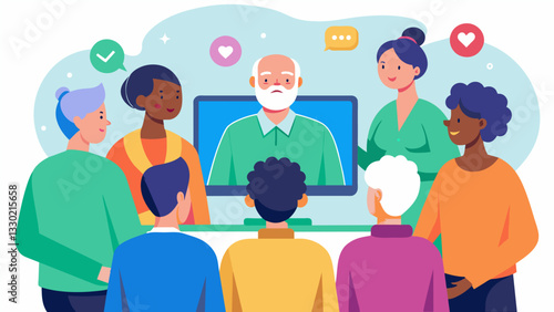 A group of seniors huddled around a projector screen learning how to make video calls to their loved ones using various video chat apps.. Vector illustration