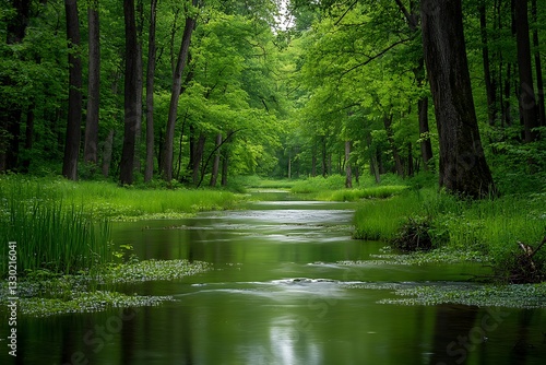 Serene forest stream, lush green foliage.