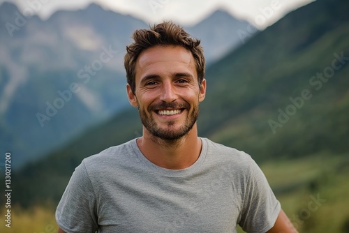 Smiling athletic man standing in a scenic mountain landscape during golden hour