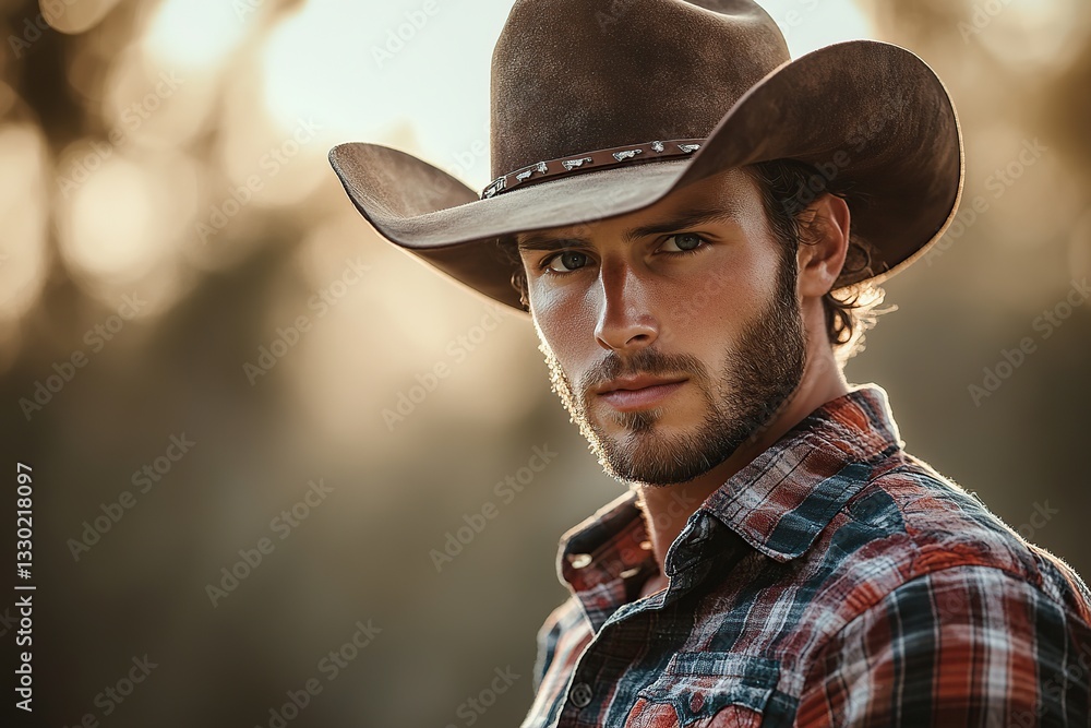 Cowboy in checkered shirt with hat against natural background during golden hour Cowboy in checkered shirt with hat against natural background during golden hour
