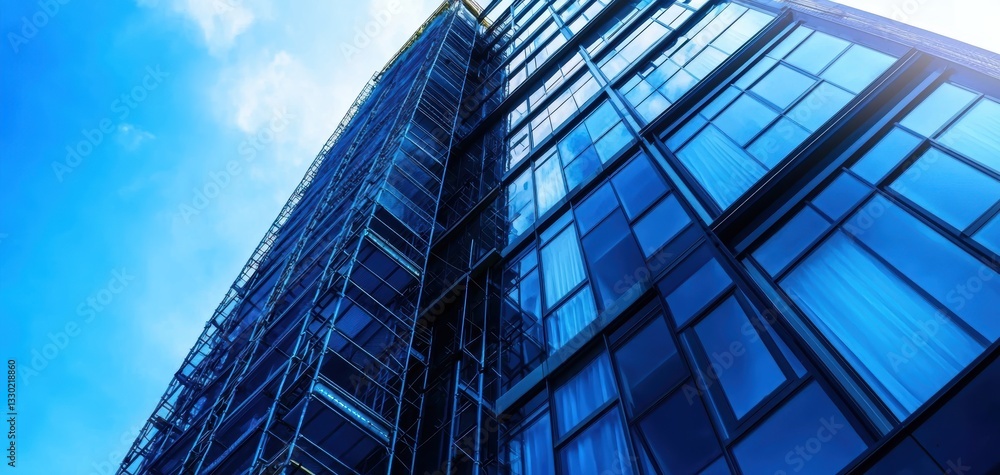 Obraz premium Modern building under construction, wrapped in blue scaffolding and protective netting, symbolizing urban development and architectural progress