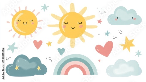 Cute sun, clouds, stars, and rainbow design
