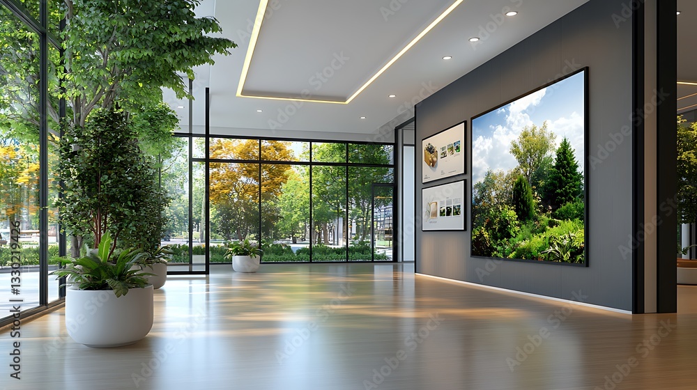 Obraz premium Modern Office Lobby with Greenery and Landscape Artwork - 3D Render AI Generated