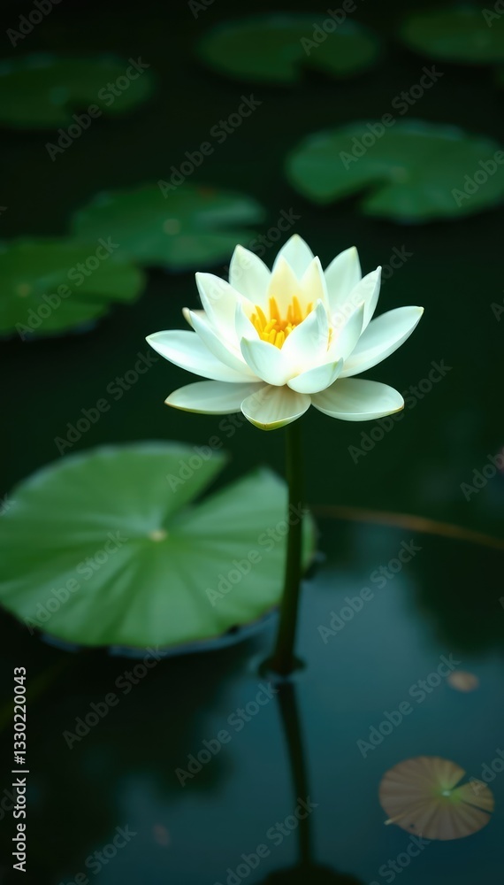Waterlily pond with single large white flower, nature, blooming, lake Waterlily pond with single large white flower, nature, blooming, lake