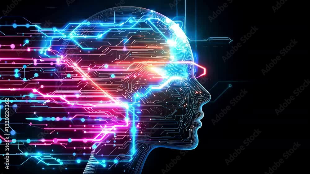 A human head silhouette contains bright neon circuits with connecting lines, representing the concept of artificial intelligence and data processing