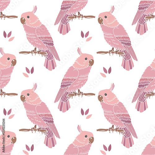 Seamless pattern, hand-drawn pink parrot birds on a branch on a white background. Print, textile