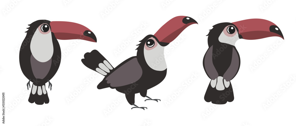 Obraz premium Collection of cute tropical toucan birds. Flat style illustration