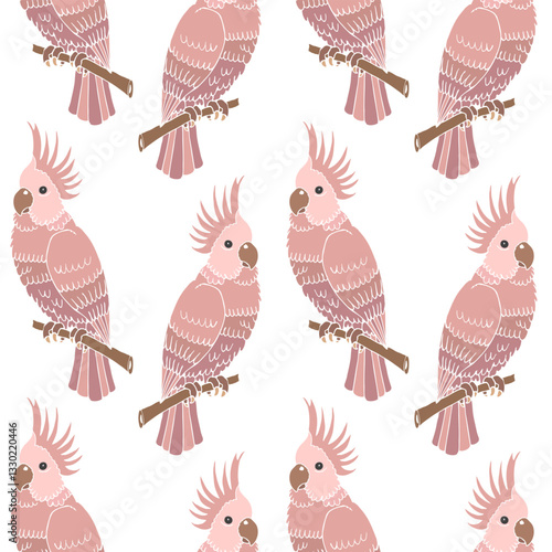 Seamless pattern, hand-drawn pink parrot birds on a branch on a white background. Print, textile