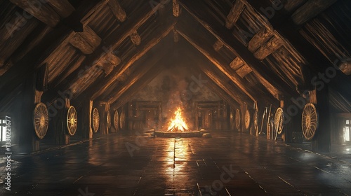 Dark, atmospheric hall with central fire, wooden beams, and shields