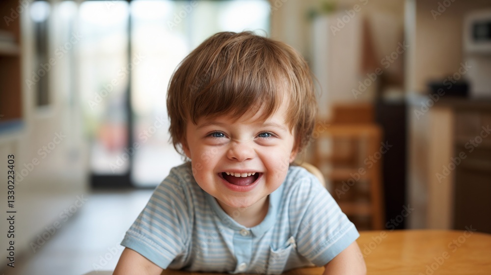 Happy young boy, cheerful mood, laughing at the table, bright indoor kitchen setting Happy young boy, cheerful mood, laughing at the table, bright indoor kitchen setting