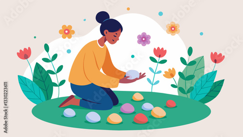 A warm breeze carries the fragrance of blooming flowers as a person carefully arranges colorful stones in a circular design lost in the peaceful moment.. Vector illustration