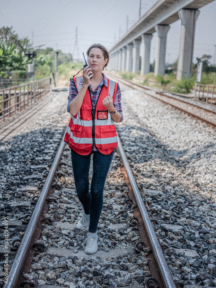 Construction workers use walkie-talkies for project management, planning or communication via tablets. Architects, contractors or engineering professionals are happily