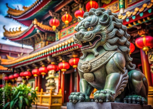 Los Angeles Chinatown Temple Lion Statue Portrait Photography - Majestic Chinese Guardian