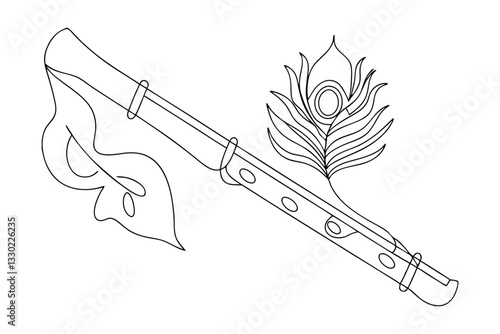 Krishna's Flute, Peacock Feather, Indian Mythology, Line Art, Musical Instrument, Spiritual Symbol, H