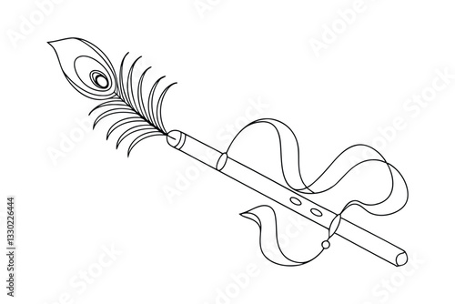 Krishna Flute, Peacock Feather, Divine Instrument, Hindu Mythology, Line Art, Religious Symbol, Spi