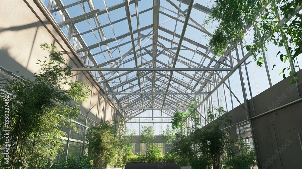 Steel Frame Design for Greenhouse in Bright Indoor Space Featuring Lush Green Plants Representing Sustainable and Innovative Architecture Steel Frame Design for Greenhouse in Bright Indoor Space Featuring Lush Green Plants Representing Sustainable and Innovative Architecture