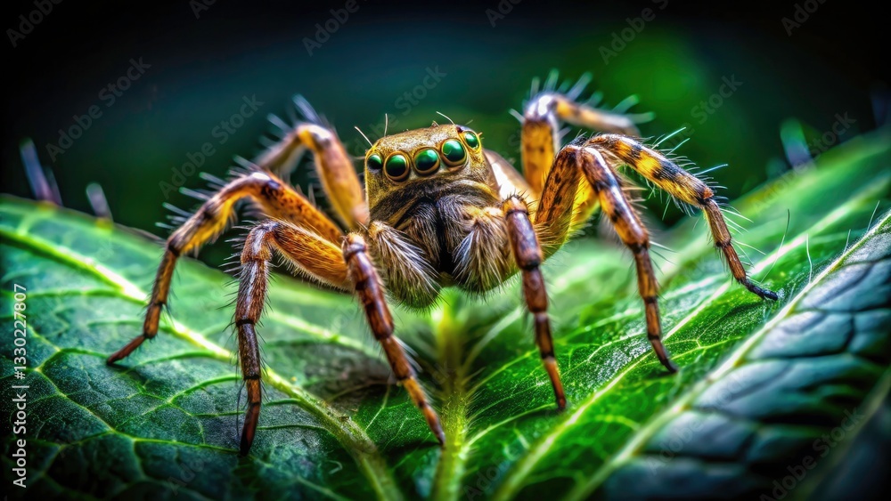 Low Light Spider on Green Leaf Photography - Macro Insect Nature Night Wildlife Low Light Spider on Green Leaf Photography - Macro Insect Nature Night Wildlife