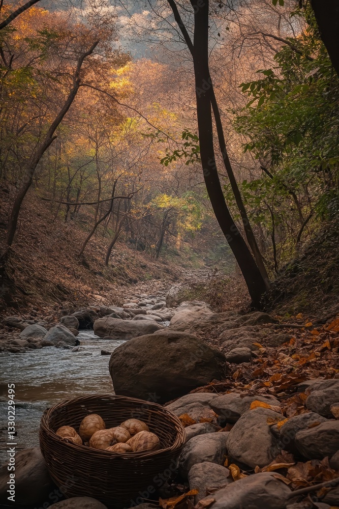 Autumnal Serenity: Walnuts by the Forest Stream