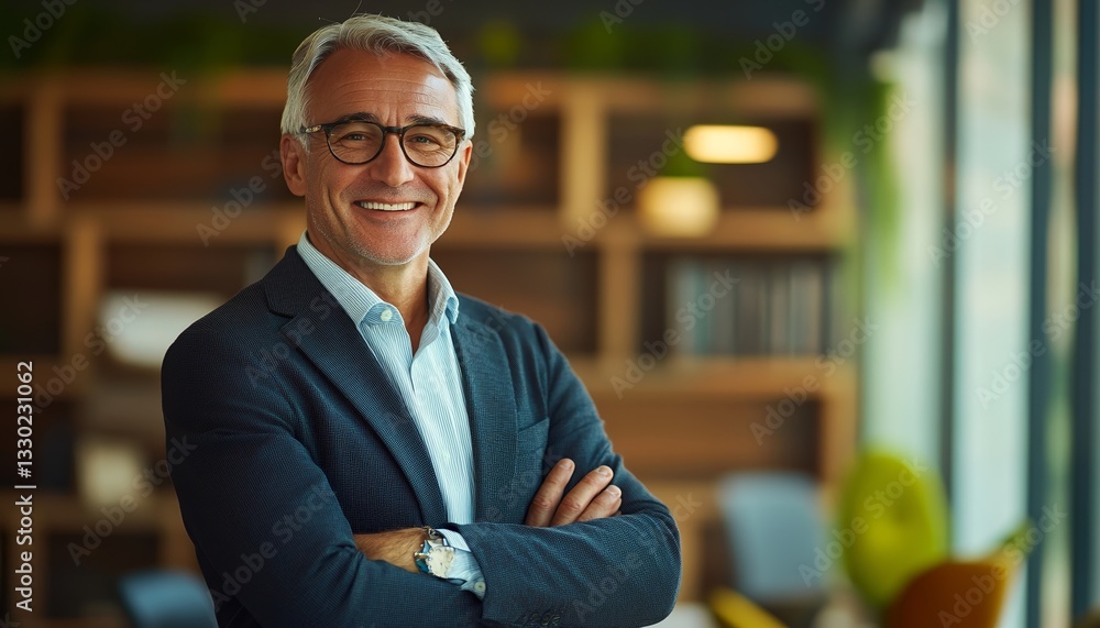 Fototapeta premium Smiling Older Bank Manager or Executive in Office with Bookshelf Background