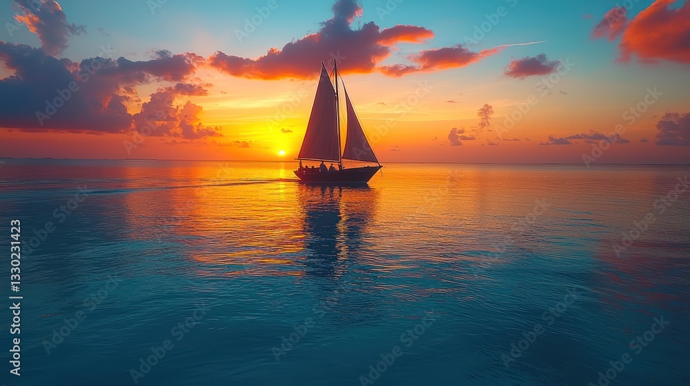 Fototapeta premium Tranquil sailboat journey at sunset, reflecting on peaceful water surface
