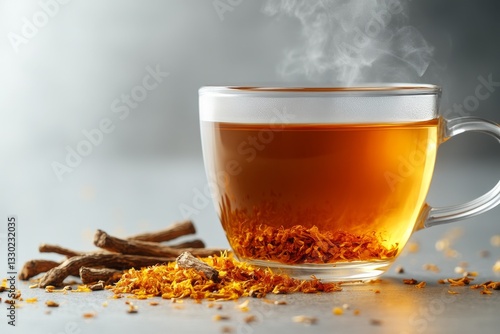 A glass cup filled with steaming dandelion root tea, surrounded by dried dandelion roots and petals on a gray background © Roman Corneev