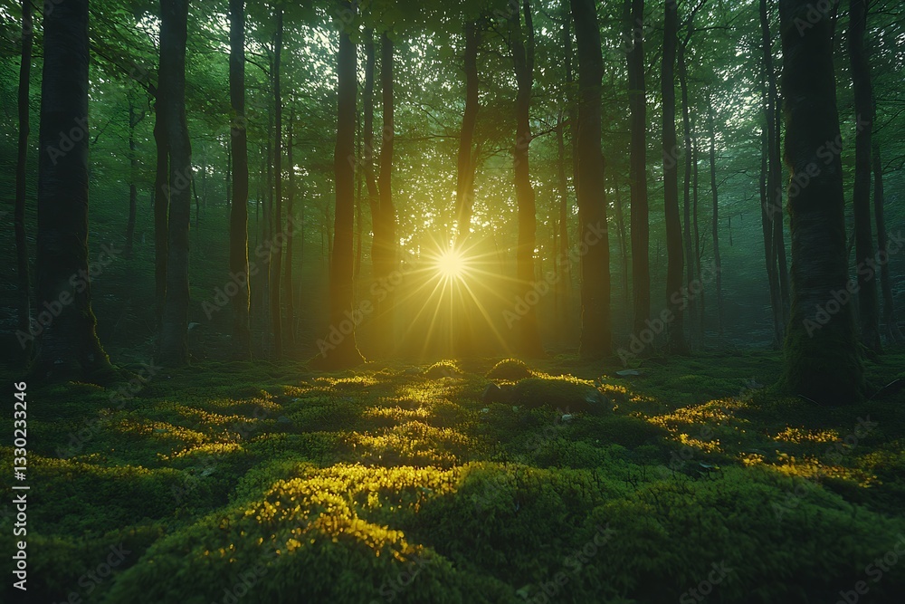 Obraz premium Sun rays through misty forest.