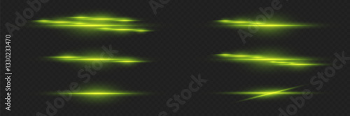 Set of green horizontal highlights. Laser neon lines of light.