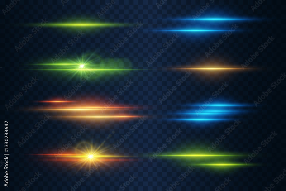 Obraz premium Set of colored neon highlights and flares. The effect of lines and stars, an explosion of lenses.
