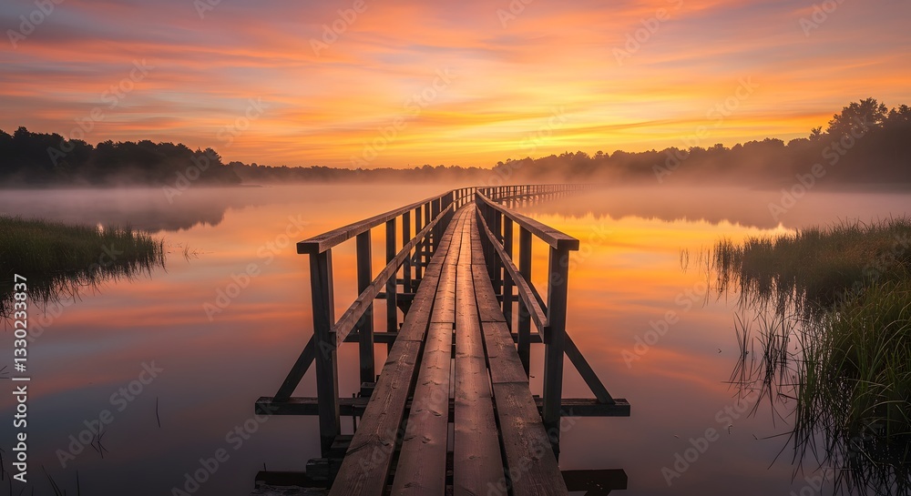 Serene Lake Landscape with Bridge at Sunsrise Serene Lake Landscape with Bridge at Sunsrise