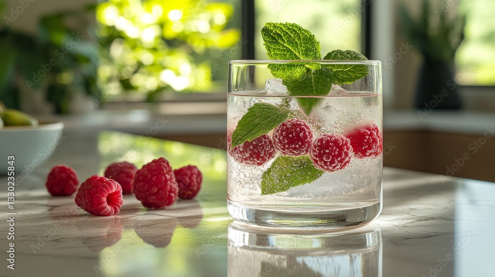 A refreshing herbal tonic with raspberries and mint leaves served in a glass, placed on a marble countertop with a blurred background