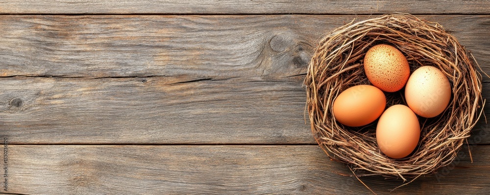 A cozy wooden table showcases a rustic nest cradling four speckled eggs, their delicate shells glistening softly in the warm, natural light filtering through nearby windows. A cozy wooden table showcases a rustic nest cradling four speckled eggs, their delicate shells glistening softly in the warm, natural light filtering through nearby windows.