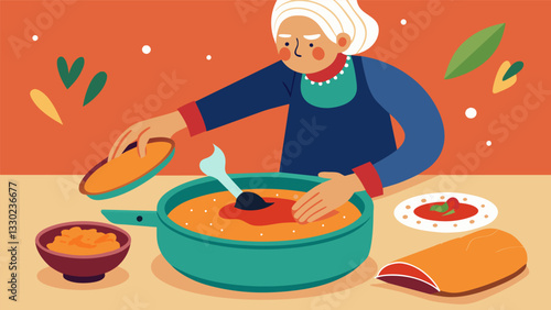 The grandmothers hands gracefully guide the tortilla through the steaming pot of enchilada sauce before placing it in the baking dish.. Vector illustration
