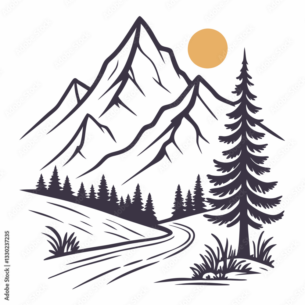 Obraz premium A minimal mountain silhouette with pine trees and a rising sun, crafted in a clean vector style for an adventure T-shirt.