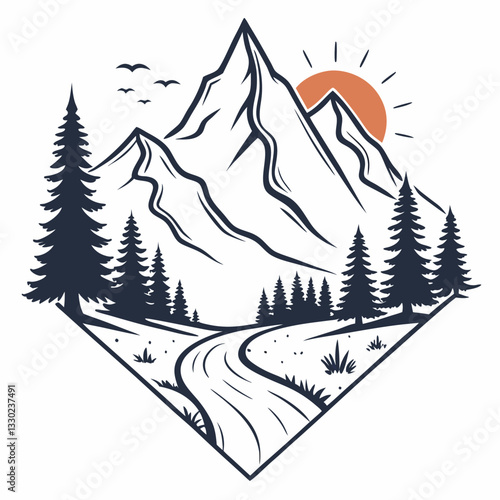 A minimal mountain silhouette with pine trees and a rising sun, crafted in a clean vector style for an adventure T-shirt.