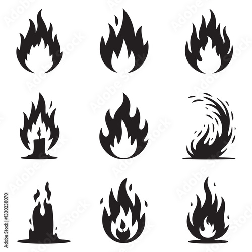 Big set of fire flame vector icons. Collection of fire and flame icons. Bonfire icons, flaming elements.
 Flame Editable Stroke Line Icons Classic silhouette flame. Black fire set isolated on Fire ico