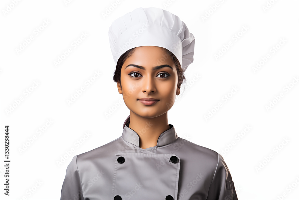 Smiling Indian women chef in white background. Showcasing passion for food, culinary skills, and vibrant flavors. Perfect for food culture. Cook recruitment. India. Smiling Indian women chef in white background. Showcasing passion for food, culinary skills, and vibrant flavors. Perfect for food culture. Cook recruitment. India.